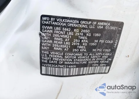 2021 Volkswagen Atlas Cross Sport Sel R-Line from USA, damaged, VIN 1V2SE2CA7MC214805